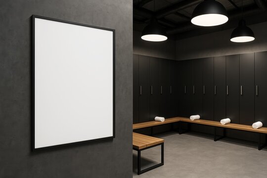 Minimalist locker room interior with blank frame on concrete wall, wooden benches, black lockers, and ceiling lights in modern industrial style concept. Ai generative