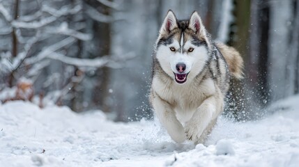 Naklejka premium Siberian husky running fast through snowy winter forest with energy and excitement