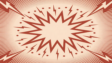 Vintage comic book style explosion starburst graphic with radiating lines and lightning bolts in red and beige