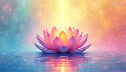 Illustration of lotus flower with rainbow light reflects in water. It represents meditation serenity, peace. Vibrant artwork has spiritual aura, looks aesthetic. Visual creates feeling of awakening.
