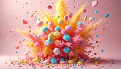 Explosion of pastel candies and powder fills the air. Spherical sweets and vibrant dust clouds burst outwards in a chaotic yet cheerful celebration. Soft pink backdrop.