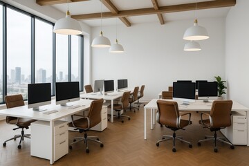 Modern open space office interior with wooden floor and stylish brown chairs arranged around white desks under natural light from large windows. Ai generative
