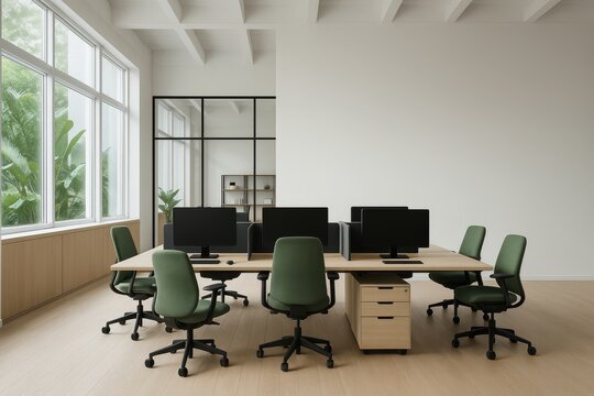 Modern open-plan office interior with green chairs, wooden desks, and minimalist design emphasizing natural light and workspace organization concept. Ai generative - Powered by Adobe
