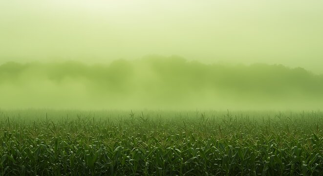Lush Green Cornfield with Misty Horizon and Bright Sky in Natural Rural Landscape