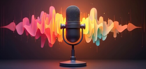 Modern microphone with colorful sound wave graphic. Represents audio recording, podcasts, voiceovers, music production, and broadcasting. Suitable for media, entertainment, and tech content.