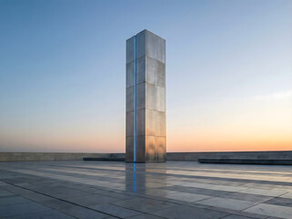 A tall, metallic, rectangular monolith with a vertical blue light strip stands on a paved outdoor area at sunset.