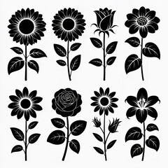 A silhouette illustration featuring a collection of eight distinct floral silhouettes arranged in two rows of four against a stark white background. 