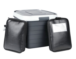 Gray cooler with two black pouches