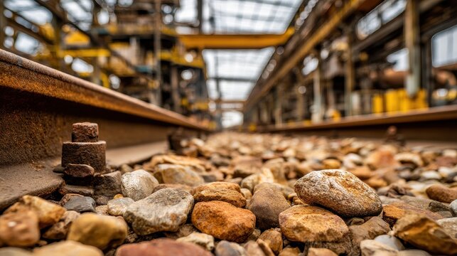 Close-Up Railroad Tracks And Rocks With Industrial Interior And Metallic Structures Overhead