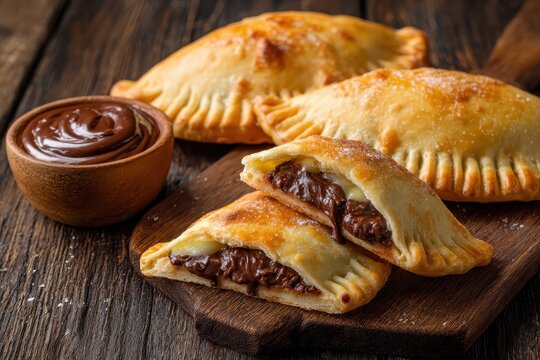 Traditional Romagna style calzoni filled with rich chocolate hazelnut spread served on a rustic wooden board