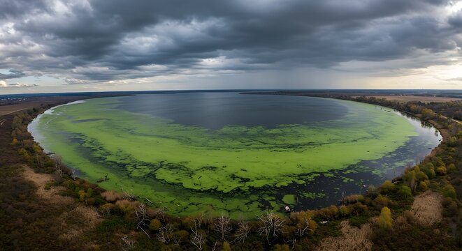 Aerial View of Large Circular Lake Covered with Green Algae Under Dark Cloudy Sky