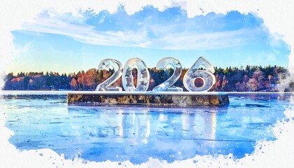 Year 2028 text floating on water with abstract artistic style