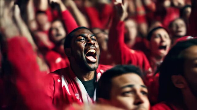 Roaring crowd in red celebrates togetherhands up, chants echoing, pure unity and passion that fits sports hype, festival promos, and powerful community moments that spark emotion.