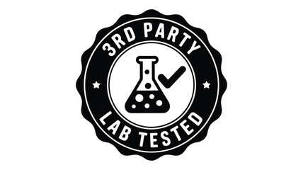 Black and white emblem or seal indicating third party lab tested with a beaker and checkmark