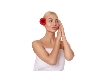 Model highlights beauty with flowers and calm, isolated on white, PNG