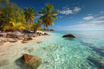 Obraz premium Tropical island beach with clear waters, lush palms, and serene skies creating a tranquil paradise for relaxation and adventure
