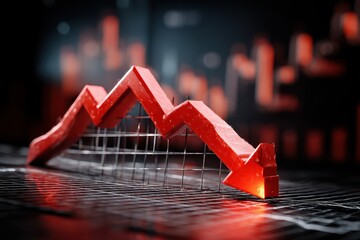 Red business arrow graph illustrates downward trend in market performance with grid background and fluctuating data bars