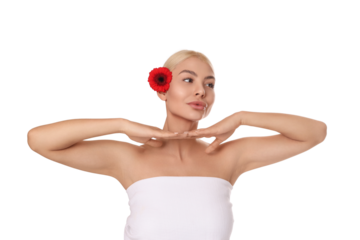 Elegant woman with a poised floral look, isolated on white, PNG