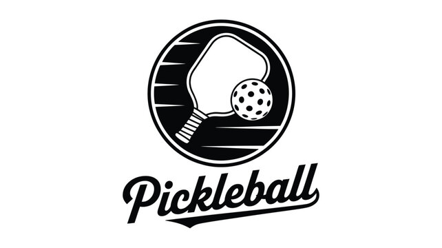 Retro style pickleball logo featuring paddle ball and text