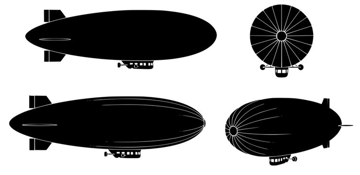 Set of black airship silhouettes in various views. Vector illustration of a vintage dirigible icon for transport and travel concepts