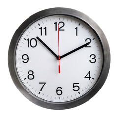 A silver framed round clock with a white face showing ten minutes past two with a red second hand is visible cutout on alpha channel