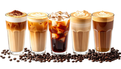 Array of various iced coffee drinks with coffee bean base