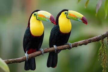 Fototapeta premium Brightly colored toucans perched on a branch in lush green forest habitat, showcasing their stunning plumage and vibrant beaks in the morning light