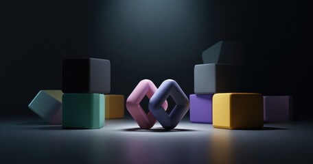 Colorful 3D geometric shapes arranged against a dark backdrop under spotlight