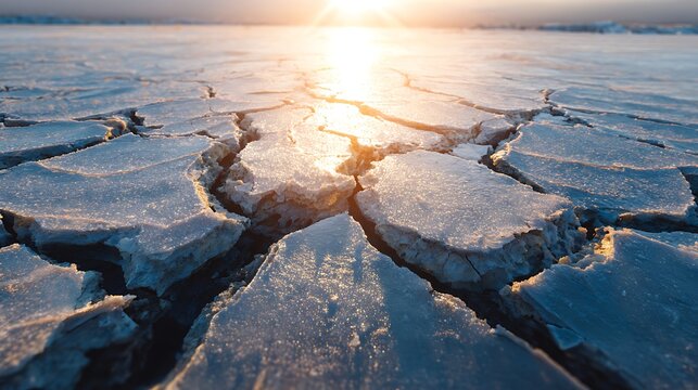 Dramatic lowangle shot capturing fractured ice floes on a frozen body of water illuminated by the bright, setting or rising sun