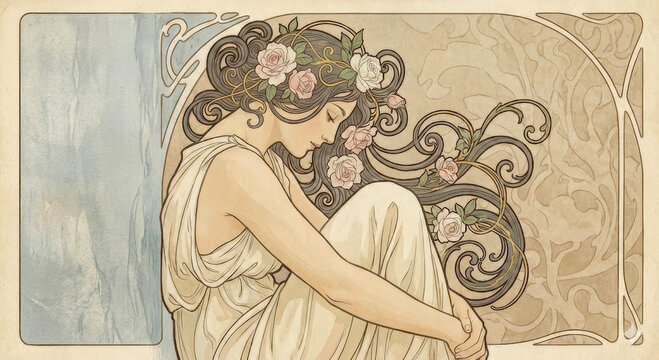 Ethereal Bloom: A Art Nouveau Portrait of Serene Contemplation