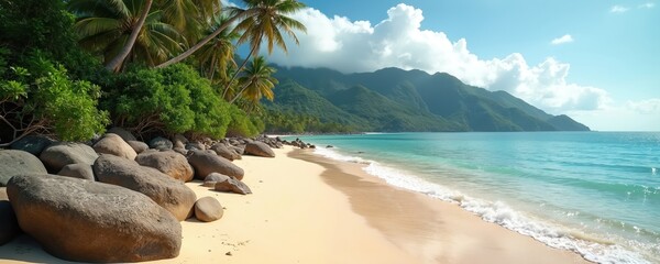Idyllic tropical beach with golden sand palm trees and lush green mountains meeting the blue ocean. Large rocks line the shore with gentle waves lapping.