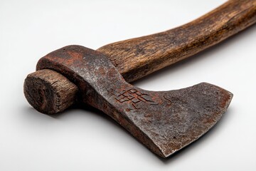 Close Up Rusty Axe on White Surface Wooden Handle and Metallic Head Showing Age and Texture