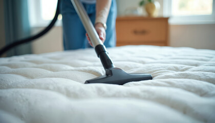 Person cleans white mattress with vacuum cleaner for dust mites removal. Routine deep cleaning for healthy sleep and fresh bedchamber. Hygiene at home for better wellbeing.