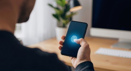 Man holding phone and scanning his finger on screen. Biometric authentication for security and privacy protection.