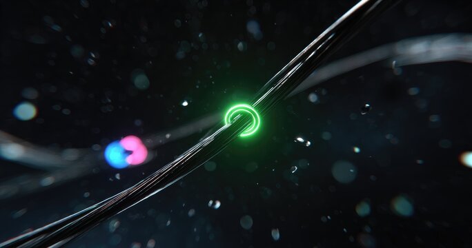 Close-up of futuristic wire with a neon green glowing ring and drops - Powered by Adobe