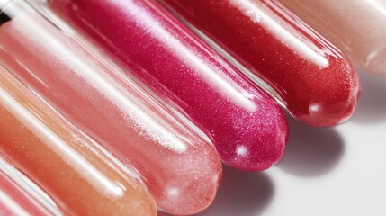 Close-up of glossy lip gloss tubes in various shades