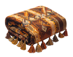 Folded, patterned blanket with tassels, warm colors