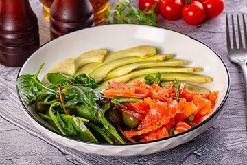 Dietary salad with salmon and avocado
