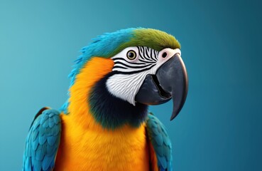 Fototapeta premium Close up portrait of colorful parrot with vibrant blue, yellow, green feathers. Exotic bird striking white face with black stripes, large beak. Stands against clean blue background, bright plumage,
