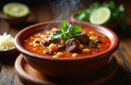 Close photo of steaming Mexican menudo soup. Dish contains tripe hominy spices cilantro. Food in a clay bowl. Lime and cheese also on table. Recipe lunch dinner meal.