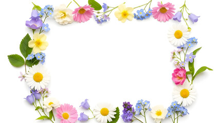 A beautiful rectangular frame composed of various colorful spring flowers and green leaves on a clean white background, perfect for invitations or greetings.