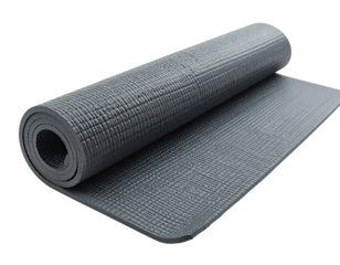 Rolled gray exercise mat; partial unroll visible