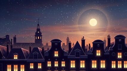 Enchanting night cityscape with a full moon and starry sky illuminating ornate rooftops and illuminated windows of historic buildings