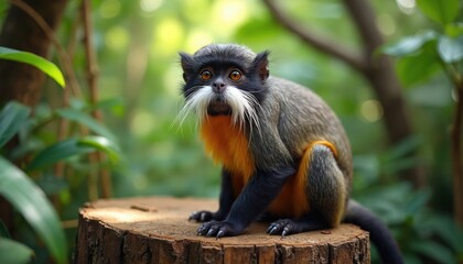 Moustached tamarin monkey sits on tree stump in lush green forest. Small primate with orange fur and black face looks curiously at camera. Wildlife scene in natural habitat.