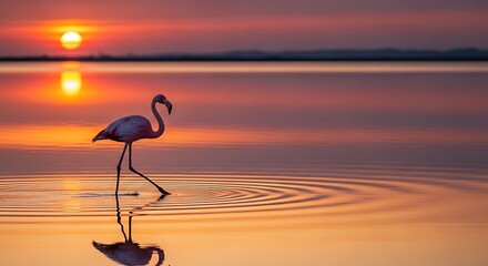 Flamingo walking in shallow water at sunset with reflection.