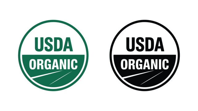 Two usda organic certification seals one green and white and one black and white