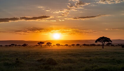 African sunrise paints the savanna golden. Tree silhouettes punctuate the misty horizon under radiant clouds