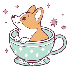 SVG art: A Playful Corgi in a Aurora Glow vibe with in a teacup, tinted with Aurora Glow tones