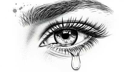 Obraz premium illustration of a crying eye with a large teardrop and ink splatters around the brow and cheek. Stipple texture and splashes add drama, making it ideal for tattoo designs, album covers