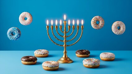 Delightful Hanukkah celebration featuring a menorah and colorful, frosted donuts, perfect for festive occasions and holiday promotions